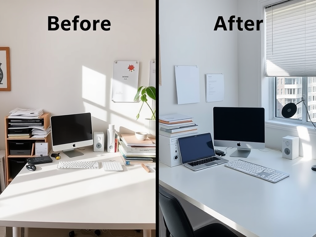 Before and after comparison of a decluttered home office desk