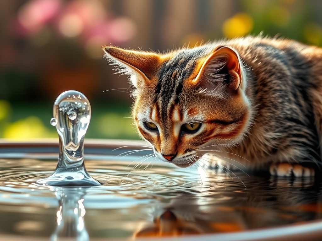 Indoor cat drinking clean water from a pet fountain