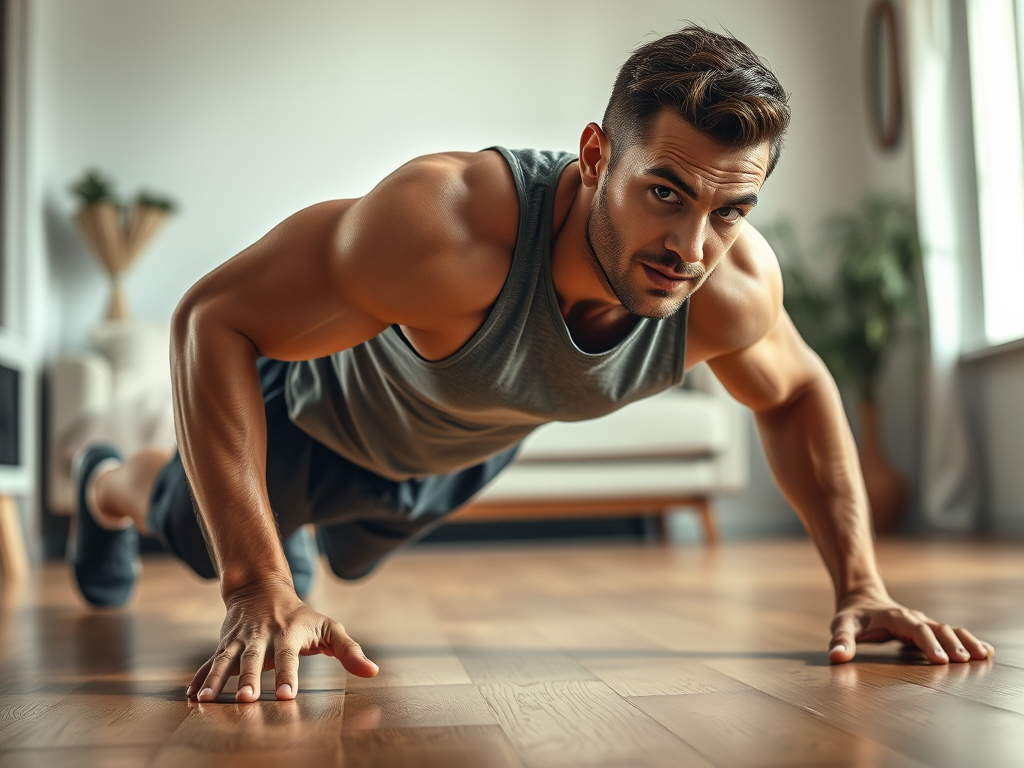 Man holding plank position at home for core strength