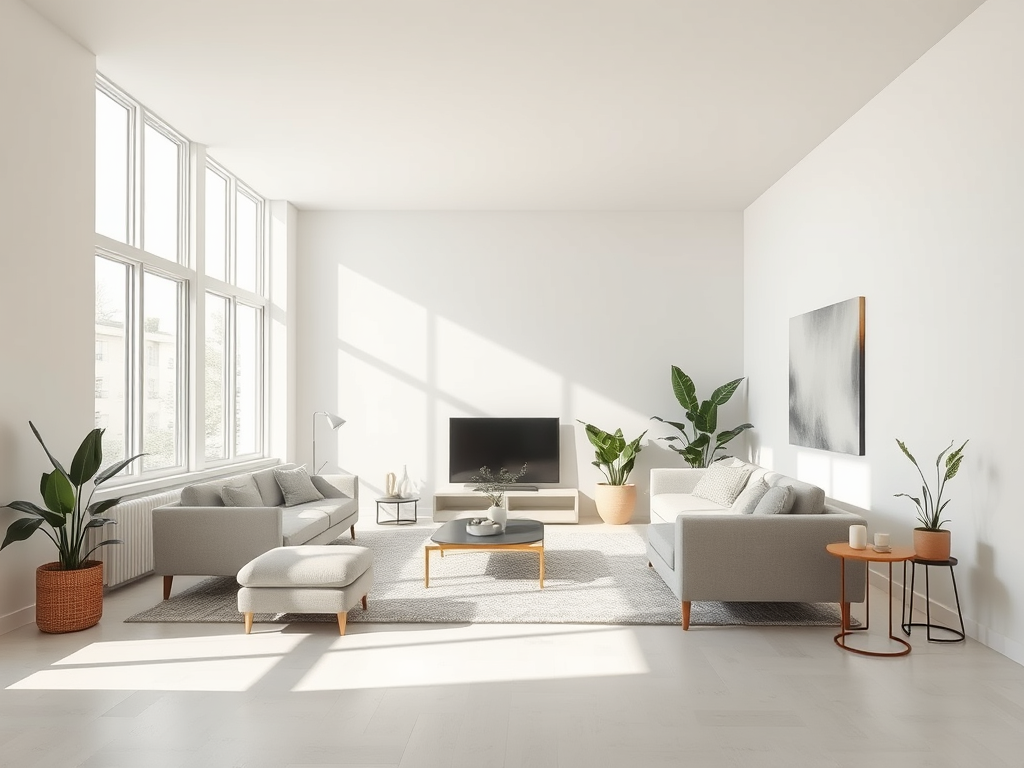 Minimalist living room with natural light, neutral sofa, and clutter-free shelves