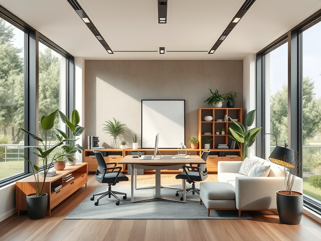 Minimal home office with desk, chair, and warm lamp lighting