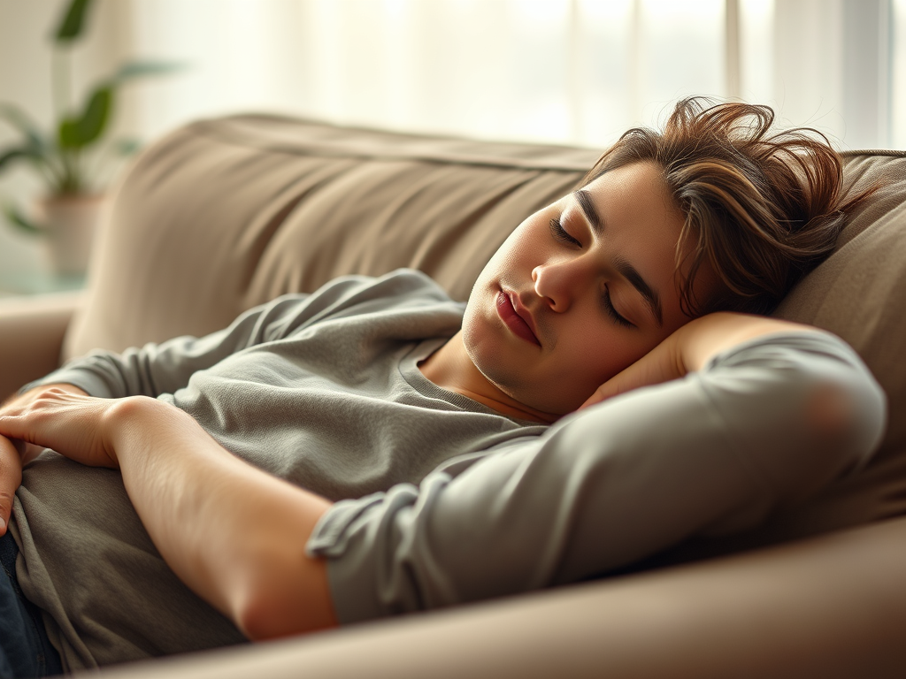 Person taking a short nap on a sofa for daytime rest