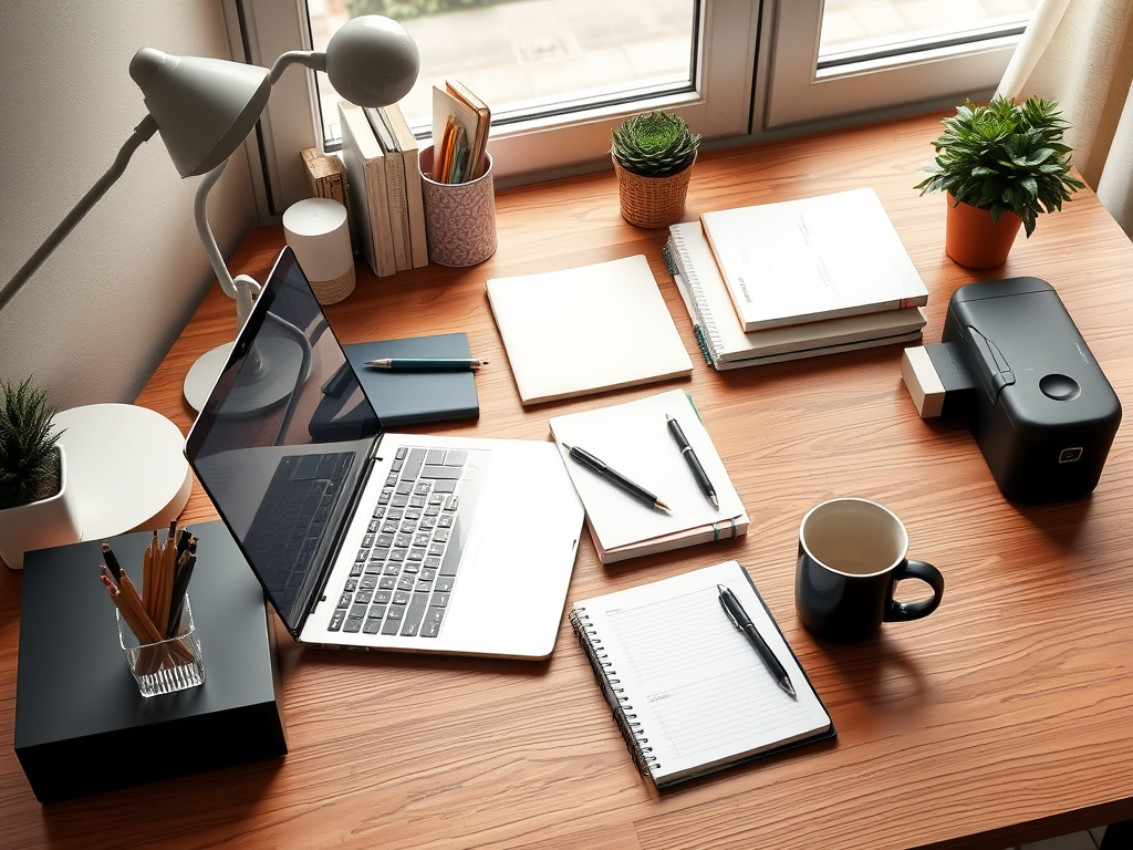 Office desk setup with productivity planner and laptop for work efficiency