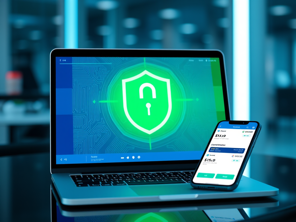 Laptop screen showing secure online payment with credit card and padlock symbol