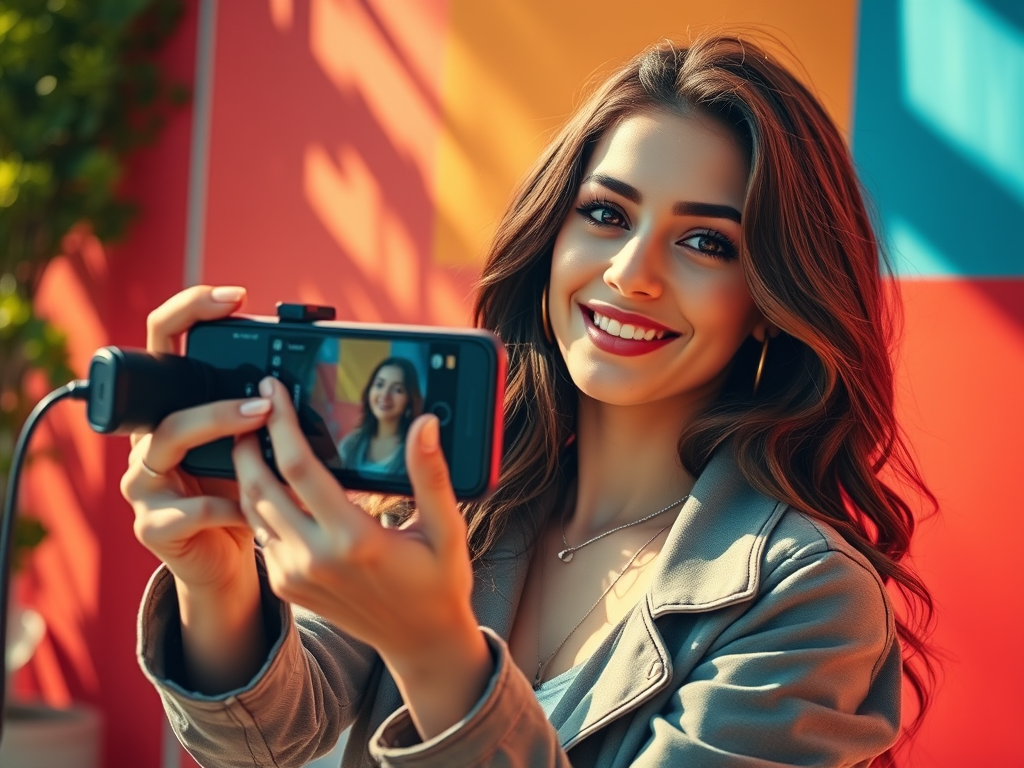 Content creator filming video for YouTube or TikTok with smartphone tripod