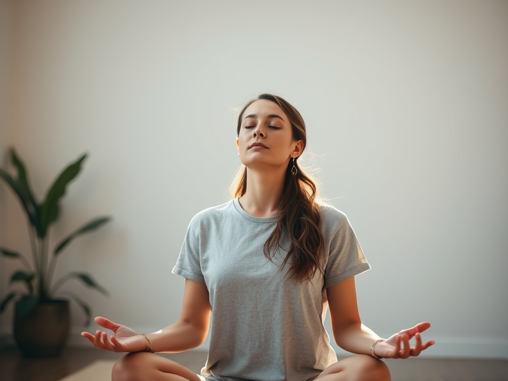 Woman practicing meditation and deep breathing for mental health