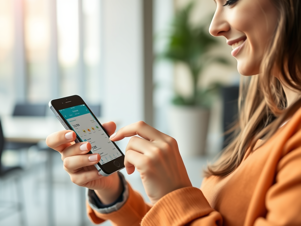 Young woman managing expenses using a budgeting app on smartphone